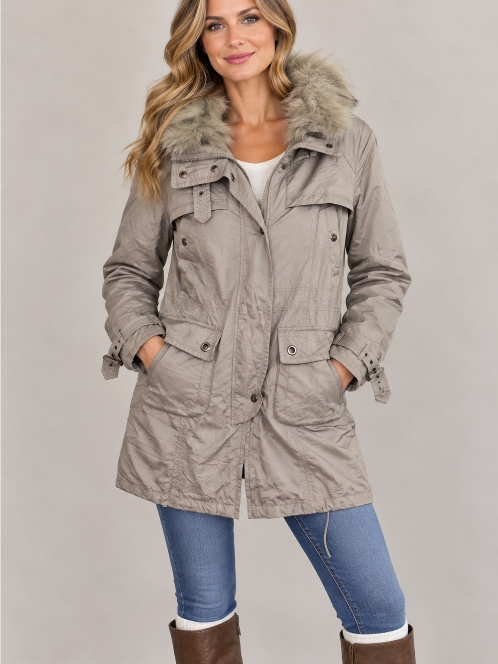 Qua 12 French Episodes Coat Women’s Sz Small Taupe Faux-Fur Trim Removable linin